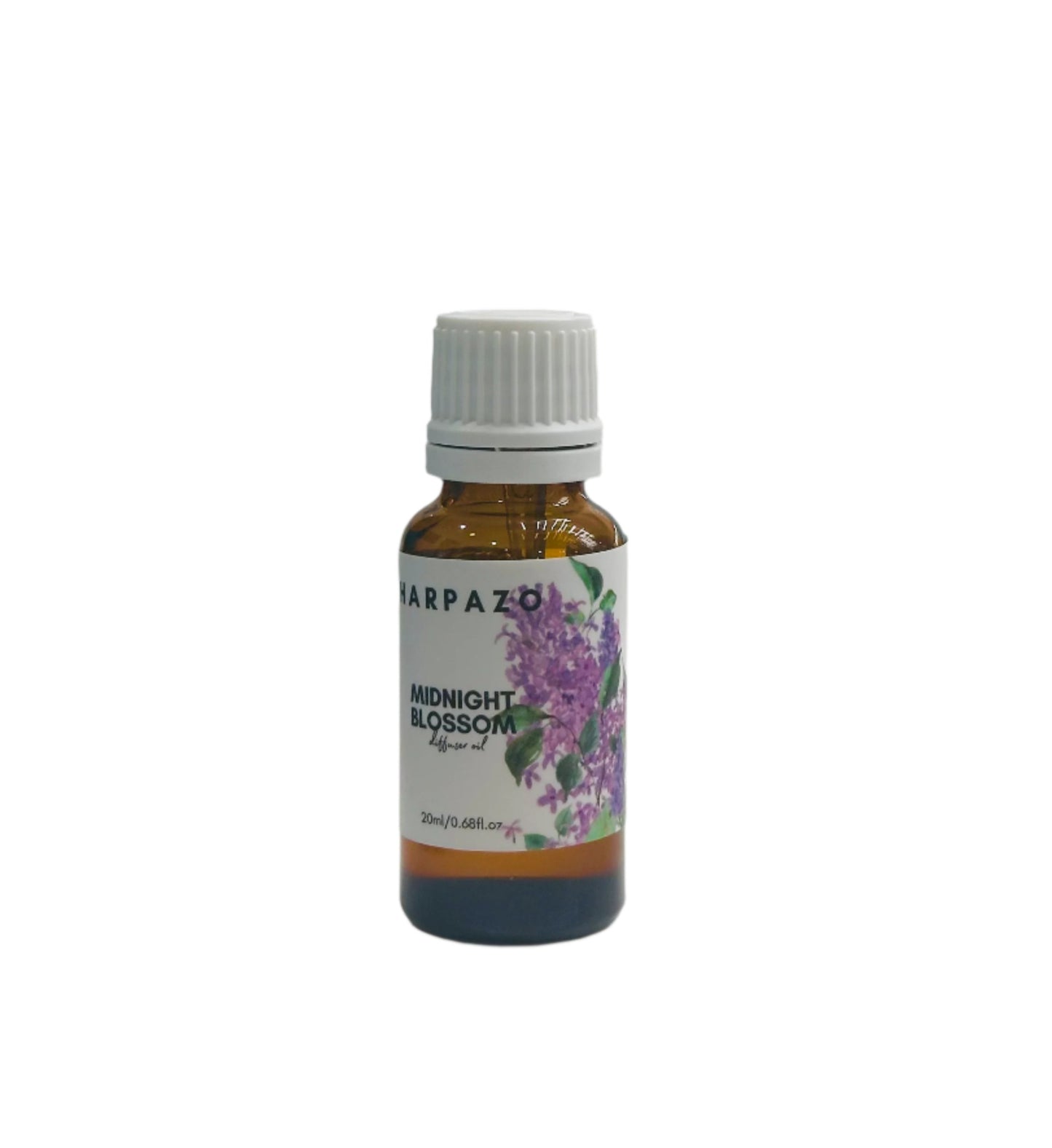 Bottle of Harpazo Midnight Blossom oil on a white background