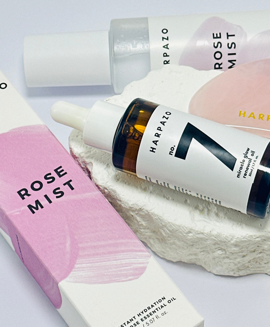 Harazo skincare products including a bottle and packaging on a light background