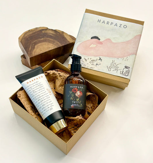 Harpazo skincare products including a bottle, tube, and wooden block in a box on a light background.