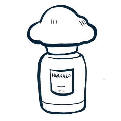 Illustration of a cloud-shaped bottle labeled 'Harpazo' on a white background