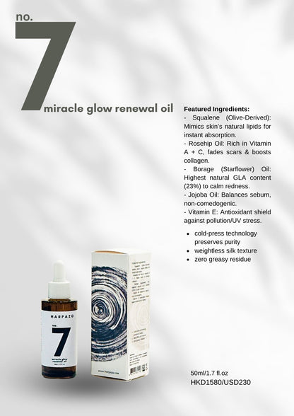 Harpazo no. 7 miracle glow renewal oil with packaging on a light gray background
