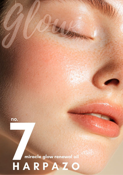 Close-up of a person's face with 'Glow' text and Harpazo product name.