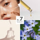 Collage of a woman applying skincare product, a dropper with oil, a bottle of oil, and flowers.