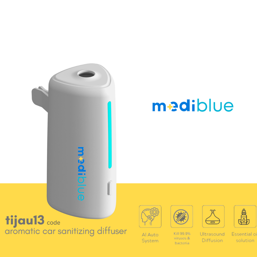 A white aromatic car diffuser with blue light indicators, emitting a cool mist, and displaying the brand name 'MediBlue'.