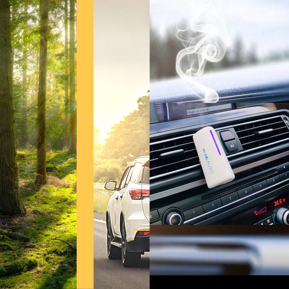 A white aromatic car diffuser with blue light indicators, emitting a cool mist, and displaying the brand name 'MediBlue'.