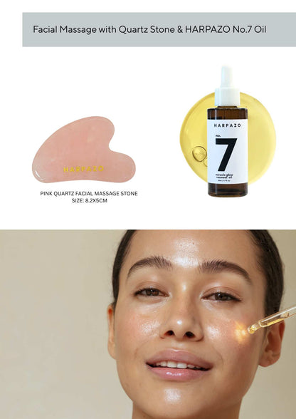 Facial massage set with quartz stone and oil bottle, featuring a woman applying the product.