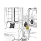 Line drawing of a living room with furniture and decor, featuring the brand 'Harpazo'.