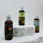 Three bottles of Harpazo skincare products on a white stone surface with a light gray background.