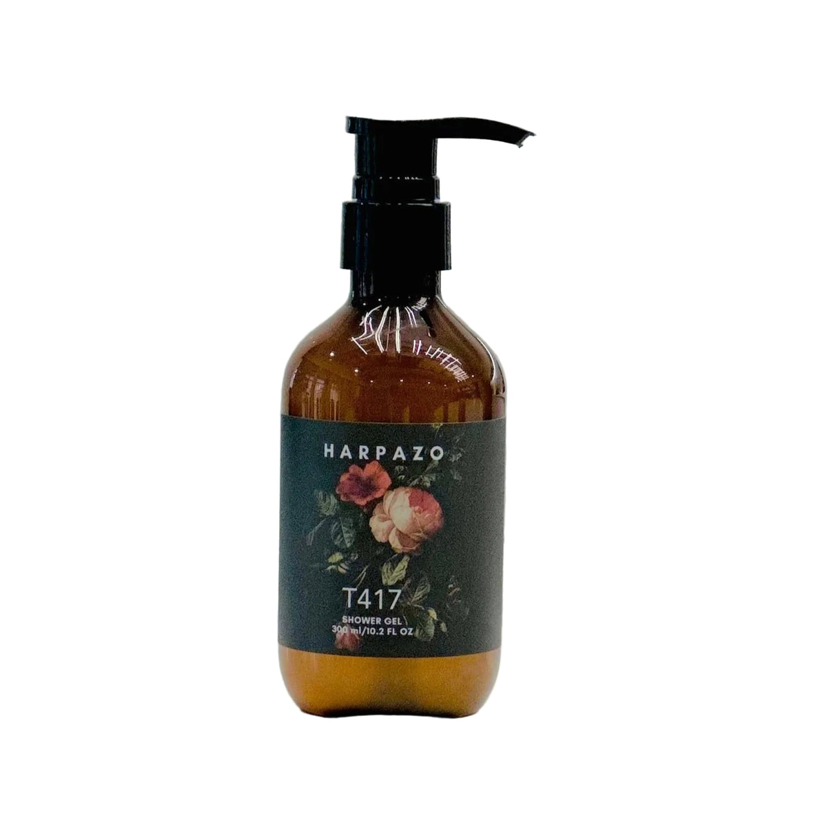 A pump bottle of T417 Moisturizing Shower Gel with a floral design on the label, placed against a neutral background.