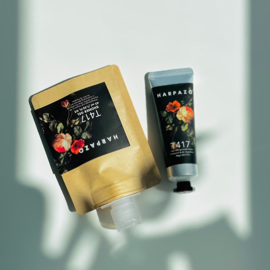An image of a travel care set which includes a tube labeled 'HARPAZO T417' and a pouch with a floral design.