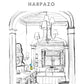 Line drawing of a bathroom interior with 'Harpazo' branding.