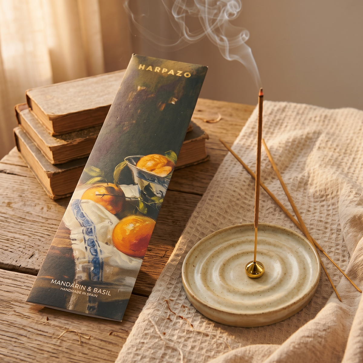 A HARPZO incense stick package labeled Mandarin & Basil lies on a rustic wooden table beside a lit incense stick in a round ceramic holder, with stacked books and draped fabric in the background.